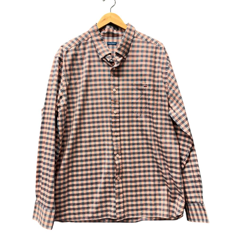 Fish Hippie Shirt Button Down Coastal Cotton Pink Blue Check XXL Tailored Fit